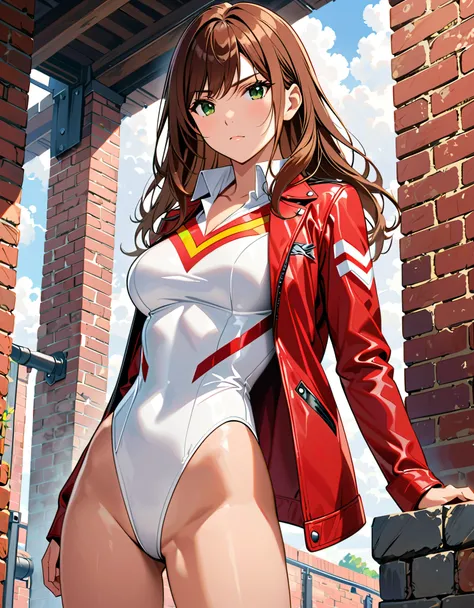 (masterpiece), (best quality), (high res), 1lady, tall body, beautiful detailed eyes, beautiful detailed face, serious, perfect hands, complete fingers, perfect anatomy, perfect proportions, ((brown hair, medium hair, hair down)), ((green eyes)), ((leotard...