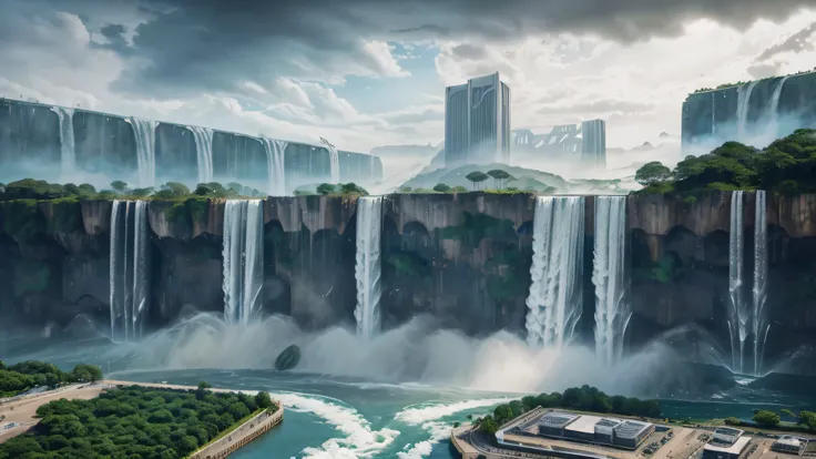 arafed view of a city with a large wall and a lot of traffic, a gigantic wall, wall of water either side, epic megastructure, background megastructure, megastructure, waterfall walls, brutalist waterfall environment, an epic scifi movie still, alien waterf...