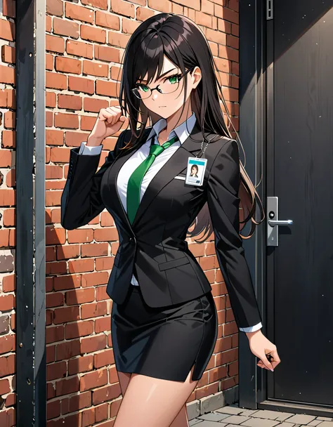 (masterpiece), (best quality), (high res), 1lady, tall body, beautiful detailed eyes, beautiful detailed face, glasses, confident look, perfect hands, complete fingers, perfect anatomy, perfect proportions, ((jet black hair, medium hair, hair down)), ((gre...