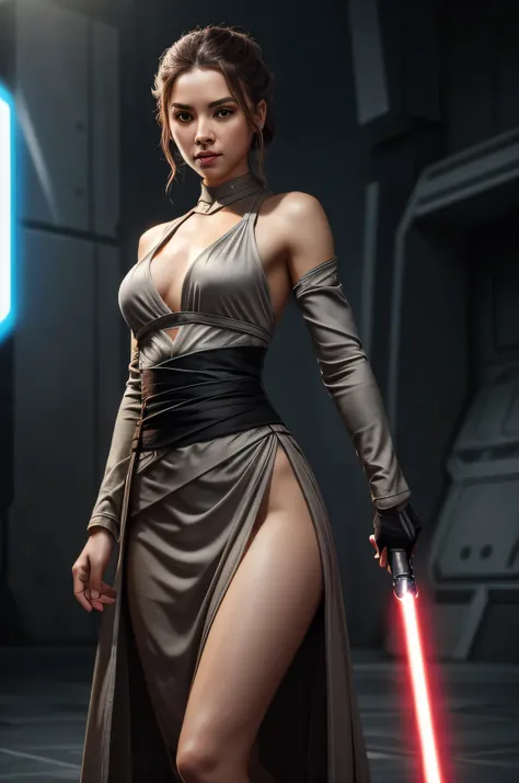 female jedi, holding a lightsaber, full body beautiful, WLOP style, clean detailed faces, intricate clothing, beautiful gradient, depth of field, clean image, high quality, high detail, high definition, cute face, slim waist, nice hips 