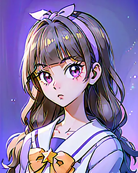 1 girl, (solo), ((amanogawaki)), best quality, highres, high quality, 8k, HD, super detail, anatomically correct, UHD, accurate, (masterpiece:1.0), (high quality:1.0), (ultra detailed), (Yellow Star and Purple Background), ((Adult:1.2)), yellow hairband, s...