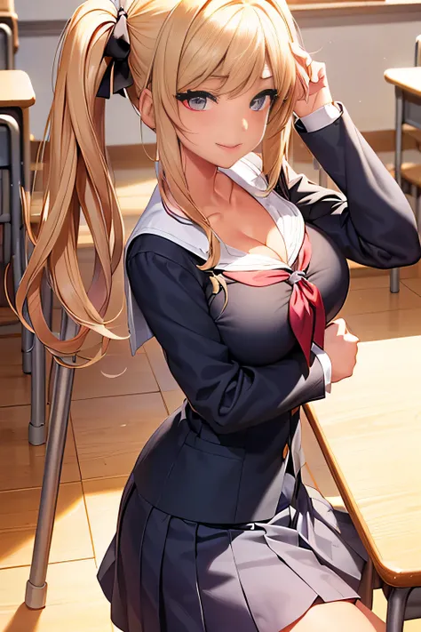 masterpiece, best quality,high resolution、Detailed、((extremely delicate and beautiful fabric):1.3)、 8k、large boob、16 years old、1girl, solo, blonde hair, twintails、(school uniform:1.5)、open clothes, bow,cleavage、smile、modern classroom、gal、gyaru、thick bluish...