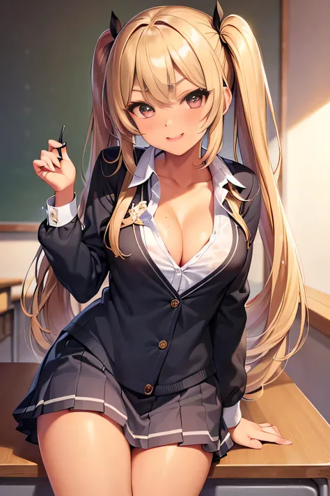 masterpiece, best quality,high resolution、Detailed、((extremely delicate and beautiful fabric):1.3)、 8k、16 years old、1girl, solo, blonde hair, twintails、cute face、(school uniform:1.5)、open clothes, bow,cleavage、smile、modern classroom、gal、gyaru、thick bluish ...