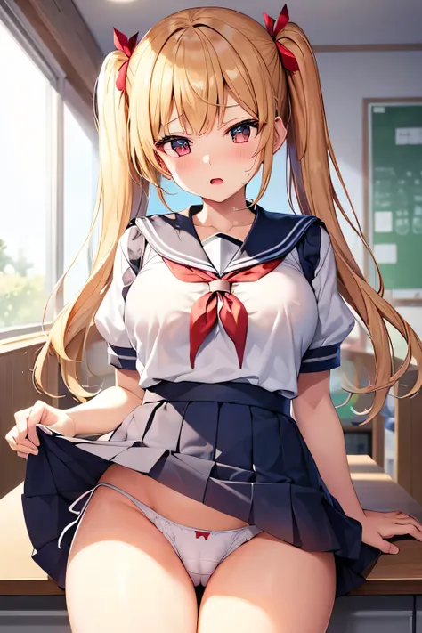 masutepiece、Ultra-high definition animation quality、8K、modern classroom、hi-school girl、18year old、delicated face、slender、blonde hair, twintails、large boob、Red cheeks、half-opened mouth、Sailor suit with short sleeves、stick out buttocks、I put my hands on the ...