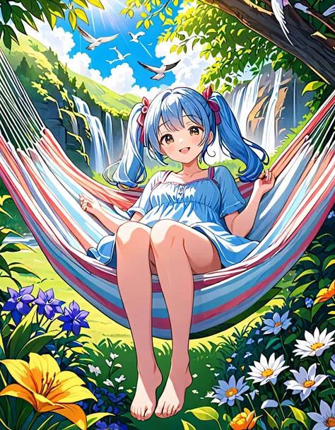 Girl lying in a comfortable hammock in a colorful garden,Light blue long hair、Beautiful girl with twin tails、Adorable smile、Relaxing in a hammock from the top of a mountain looking out over the valley below、,A soft breeze gently rustles the flowers and gra...