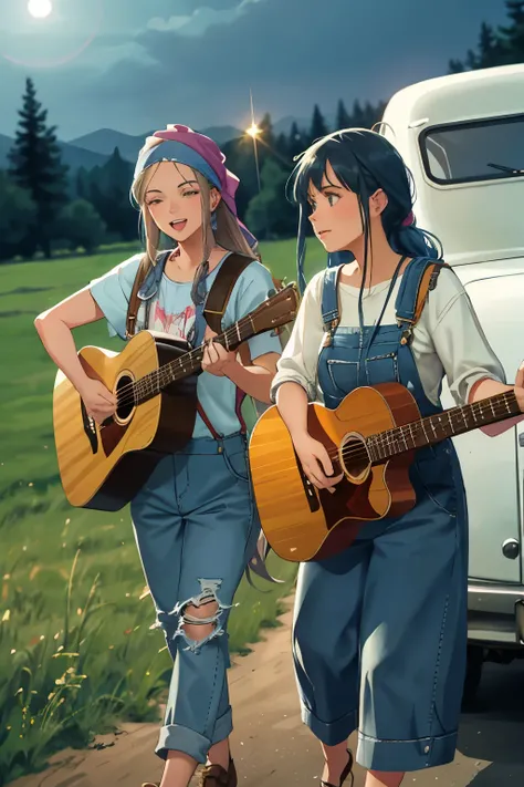 young women, wearing denim overalls, long flowing hair tied back with bandanas, vintage Escort Wagon with guitar cases in the back, playing acoustic guitars under the twinkling stars, moonlit grassy hillside, carefree laughter, intimate moment, soft focus,...