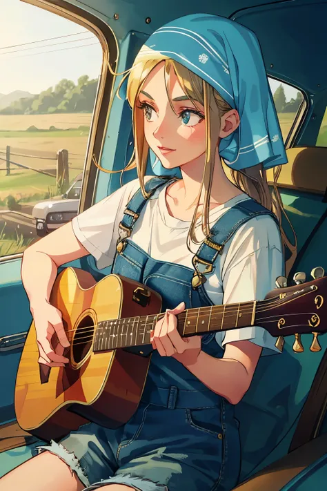 young women, wearing denim overalls, long flowing hair tied back with bandanas, vintage Escort Wagon with guitar cases in the back, playing acoustic guitars under the twinkling stars, moonlit grassy hillside, carefree laughter, intimate moment, soft focus,...