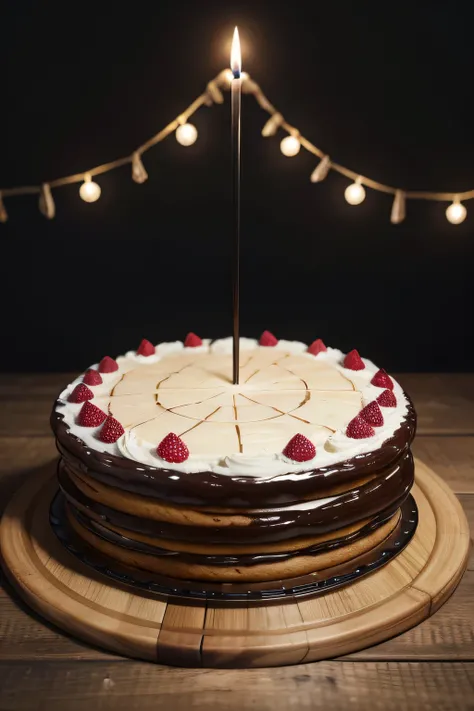 create an image with a wooden table full of decorated cakes 