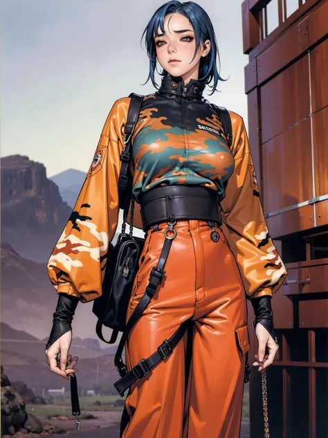 (best qualityer))), (((manga strokes))), (((blue hair with red highlights))), (((wide-leg trousers with desert military camouflage print))), uma Kizi jovem muito bem vestida com roupas modernas de inverno, pants with military camouflage pattern, top gift v...