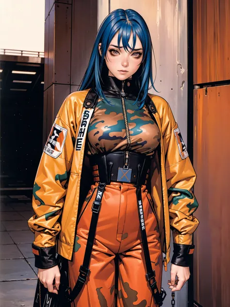 (best qualityer))), (((manga strokes))), (((blue hair with red highlights))), (((wide-leg trousers with desert military camouflage print))), uma Kizi jovem muito bem vestida com roupas modernas de inverno, pants with military camouflage pattern, top gift v...