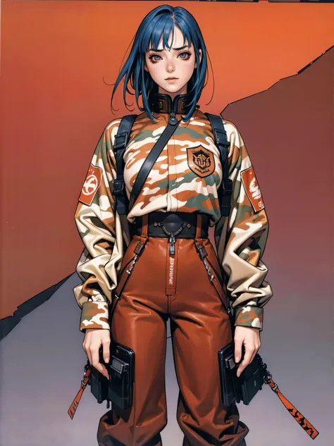 (best qualityer))), (((manga strokes))), (((blue hair with red highlights))), (((wide-leg trousers with desert military camouflage print))), uma Kizi jovem muito bem vestida com roupas modernas de inverno, pants with military camouflage pattern, top gift v...