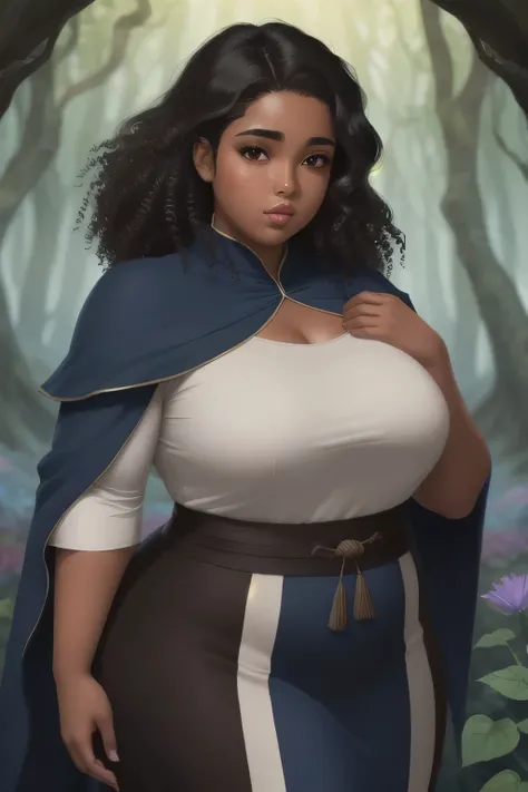 Anime illustration semi-realism of brown skin latina girl, 25 year old, plus size, curvy, overweight, black round eyes, black curly hair, full lips, sleek design, brown skin, sideswept hairstyle, round face, fantasy, mage blue outfit, mage robes blue, flow...