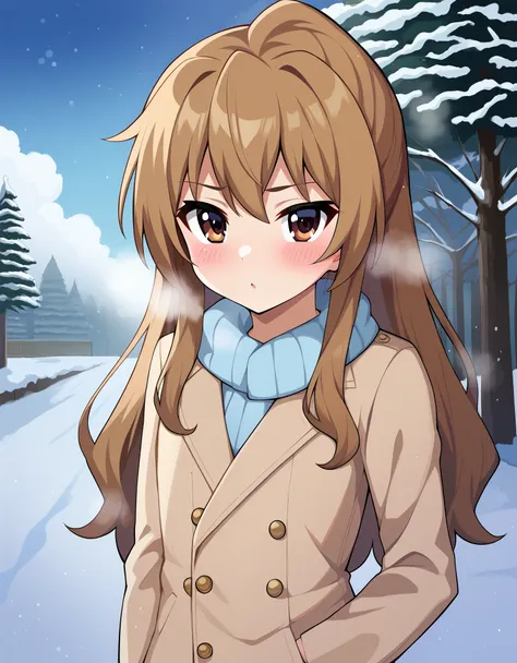 masterpiece, best_quality, 1girl, aisaka_taiga, brown_eyes, brown_hair, long_hair, flat_chest, winter_clothes, winter, steam, bl...