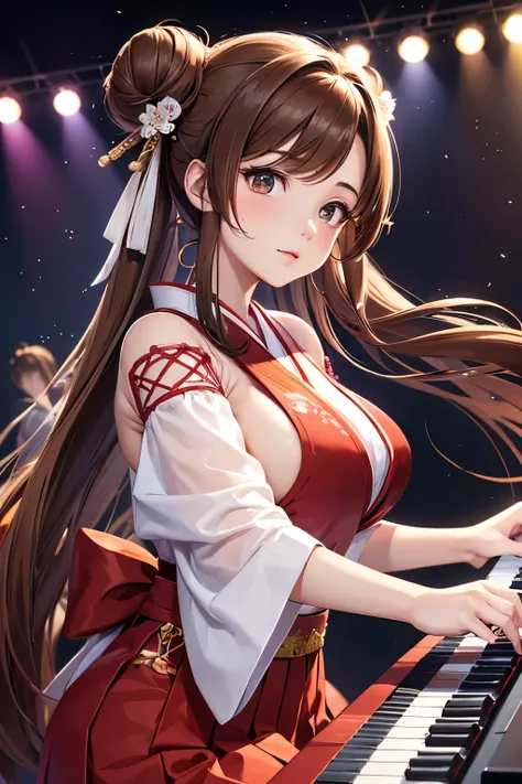 Top quality, ample limbs, perfect fingers, slender beauty, twin-tailed bun hairstyle, brown hair, Deresute, A costume of haori and hakama with a flashy pattern,Band instrumentskeyboard, beautiful large breasts, live stage, Playing Band InstrumentsKeyboard