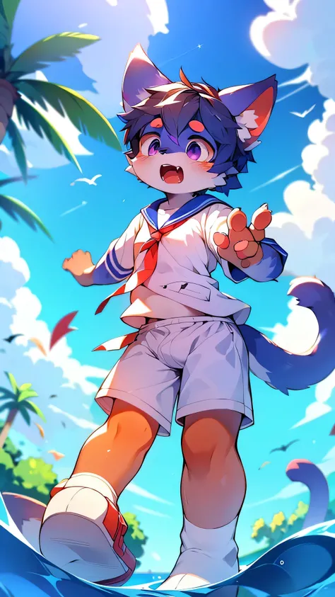 Purple Cat,male,Ocean,Sailor suit,School,Blue sky,Red ear,fur,thin tail,Long ears,Squid ears,Dirty face,Ahegao eyes