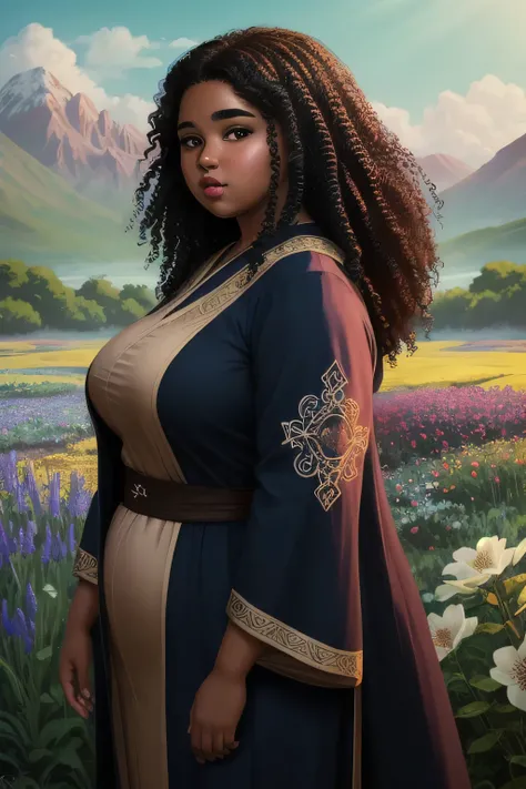 Anime illustration semi-realism of brown skin latina girl, 25 year old, plus size, curvy, overweight, black round eyes, black curly hair, full lips, sleek design, brown skin, sideswept hairstyle, round face, fantasy, mage blue outfit, mage robes blue, deta...