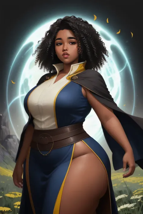 Anime illustration semi-realism of brown skin latina girl, 25 year old, plus size, curvy, overweight, black round eyes, black curly hair, full lips, sleek design, brown skin, sideswept hairstyle, round face, fantasy, mage blue outfit, mage robes blue, deta...