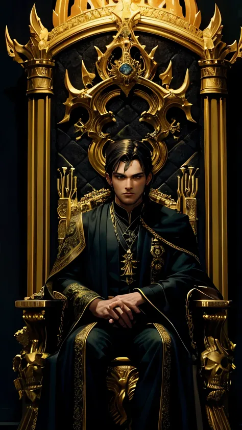 solo man, masterpiece, portrait, sitting at a throne, relaxed posture, beautiful details, death god, handsome, underworld background, throne made of bones, souls in the background, dark hair, bright green eyes, green magic, necromancy, athletic build