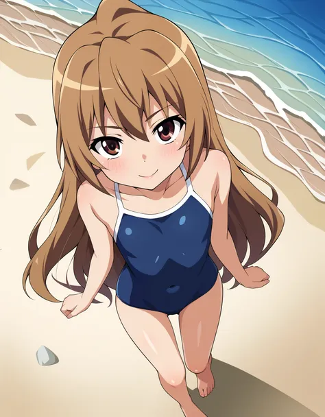 masterpiece, best_quality, 1girl, aisaka_taiga, brown_eyes, brown_hair, long_hair, flat_chest, blue_one-piece_swimsuit, beach, f...