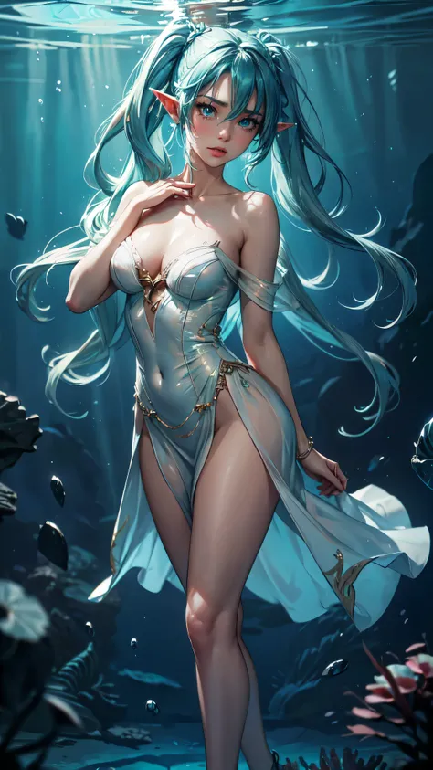 master part, best quality, high qualiy, angle from top, high angle, staring overhead:1.2, 1girl, floating girl, coiled position, nada no sea background, (((deepsea))), (((underwater))), (((fully body))), flowing hair, floating hair, blue green hair, Super ...