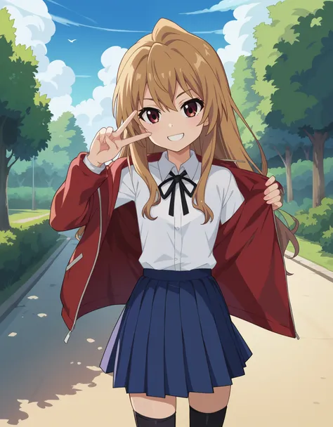 score_9, score_8_up, score_7_up, 1girl, solo, aisaka_taiga, brown_eyes, brown_hair, long_hair, flat_chest, pleated_skirt, blue_s...