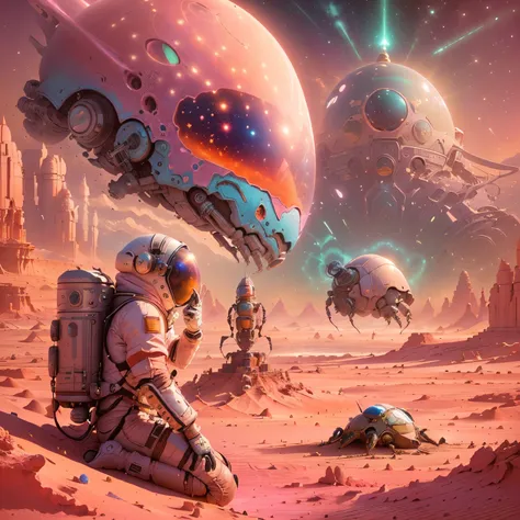 astronaut in a pink desert with a giant alien head, greg beetle, beetle artwork, beeple and jeremiah ketner, beeple y tim hildeb...