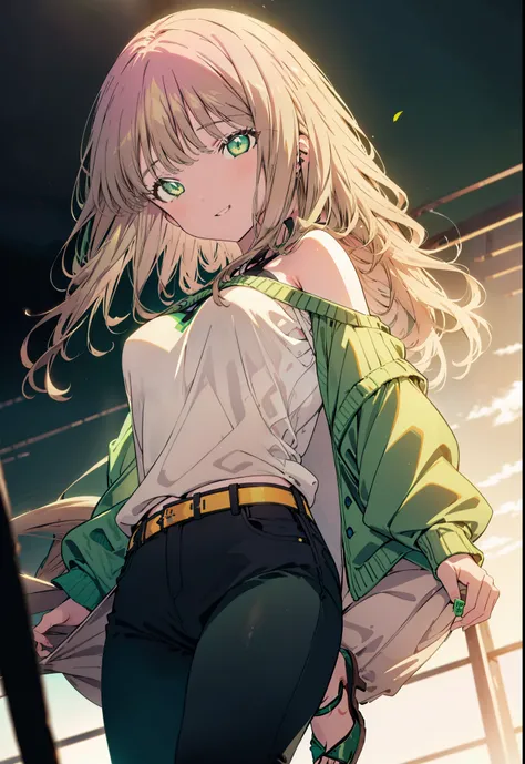 minami yume ,sss Dynazenon ,Long Hair, Brown Hair, (Green Eyes:1.5) ,smile,Open your mouth,Mid-chest,One-shoulder sweater,Skinny jeans,Stiletto heels,Walking,The sun is rising,morning,morning陽,whole bodyがイラストに入るように,
break looking at viewer, whole body,
bre...
