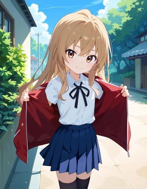 score_9, score_8_up, score_7_up, 1girl, solo, aisaka_taiga, brown_eyes, brown_hair, long_hair, flat_chest, pleated_skirt, blue_s...