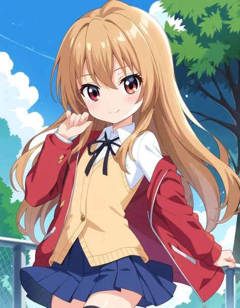 score_9, score_8_up, score_7_up, 1girl, solo, aisaka_taiga, brown_eyes, brown_hair, long_hair, flat_chest, pleated_skirt, blue_s...