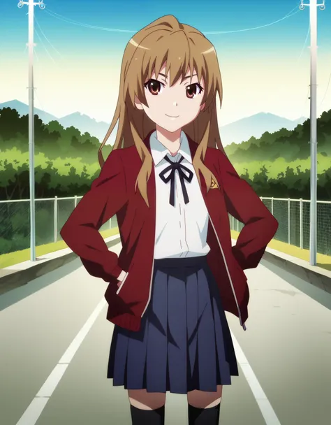 score_9, score_8_up, score_7_up, 1girl, solo, aisaka_taiga, brown_eyes, brown_hair, long_hair, flat_chest, pleated_skirt, blue_s...