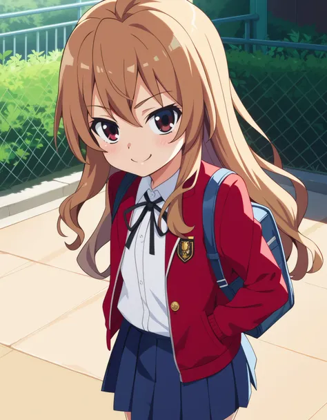 score_9, score_8_up, score_7_up, 1girl, solo, aisaka_taiga, brown_eyes, brown_hair, long_hair, flat_chest, pleated_skirt, blue_s...