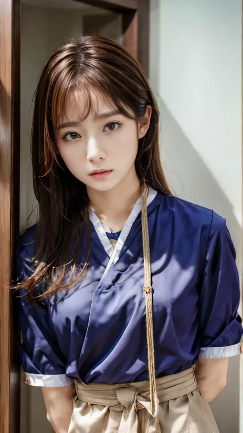 woman has her hands tied、Hands behind back、Hands crossed at the waist、His wrists were tied with rope.、Beauty、20talent、Wearing a short-sleeved blouse、Wearing a skirt、Inside the hotel room、Standing in front of a wall、Uniform eyes、Well-proportioned、Medium bu...