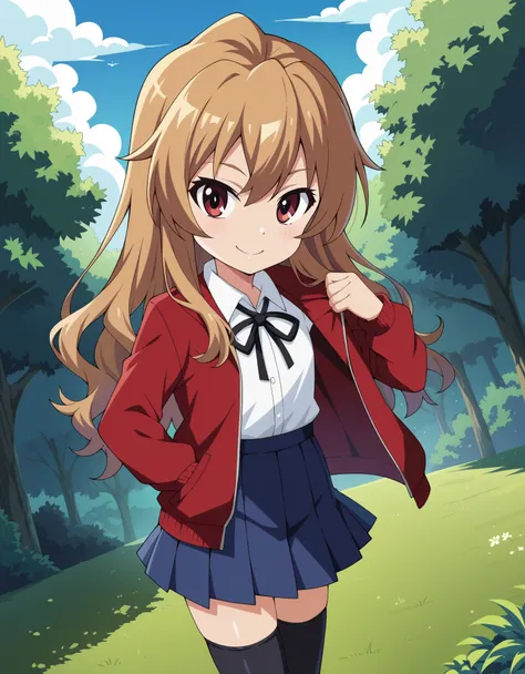 score_9, score_8_up, score_7_up, 1girl, solo, aisaka_taiga, brown_eyes, brown_hair, long_hair, flat_chest, pleated_skirt, blue_s...