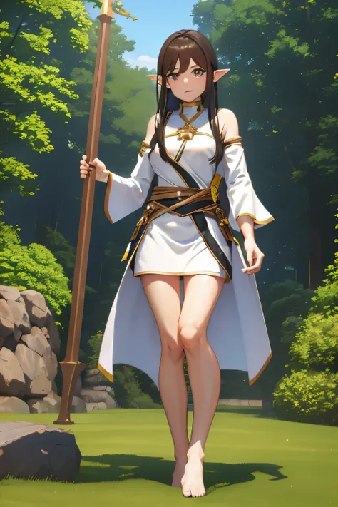 Dynamic shot of a skinny female healer standing calmly, facing you in battle, training grounds, dnd training grounds, large golden holy staff with a cross, beautiful female, half elf, brown eyes, flowy brown hair, healer class, brown eyes, stoic, profesion...