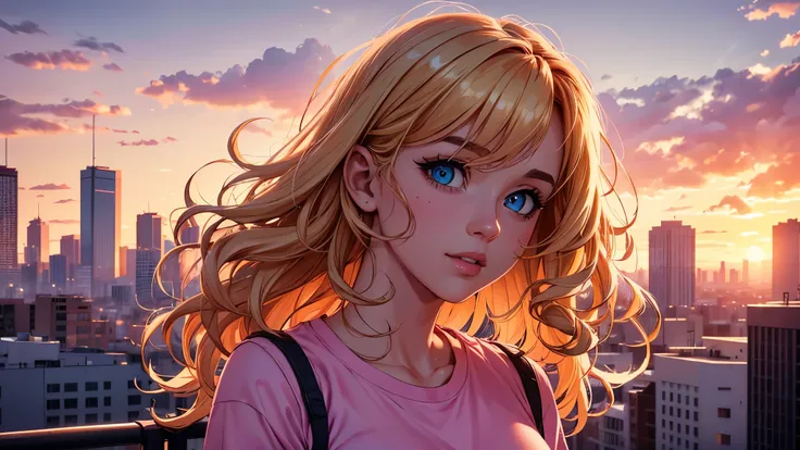 a beautiful blonde curly-haired girl, full body, perfect body, perfect hands, looking at the city at sunset on top of a building, pink shirt, denim shorts, white sneakers, (best quality,4k,8k,highres,masterpiece:1.2),ultra-detailed,(realistic,photorealisti...