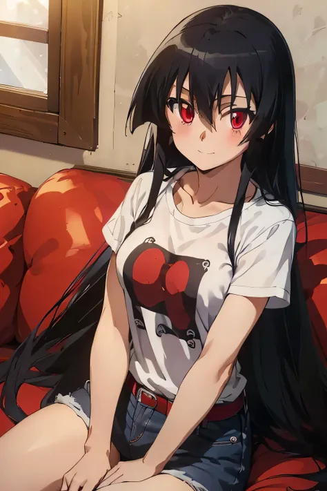 ((Master piece , best quality )),perfect face ,perfect eyes, beautiful red eyes, black hair,(( very long hair )),between eyes hair , blushing ,smile,looking at me, full body,cowboy shot,sexy pose, ((1girl,solo)),Akame, ((T-shirt, white shirt ,jeans short ...