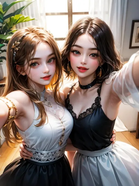 Two Girls. Selfie pose. look at the camera together.