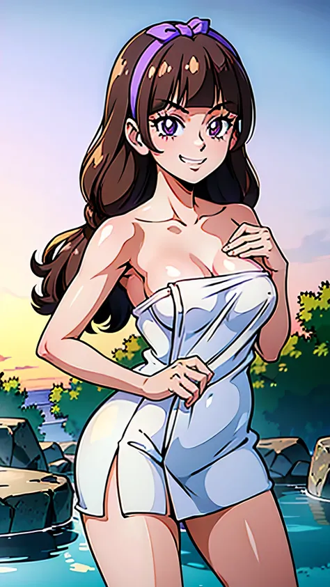 1 girl, (solo), ((amanogawaki)), best quality, highres, high quality, 8k, HD, super detail, anatomically correct, UHD, accurate, (masterpiece:1.2), (high quality:1.0), (ultra detailed), (Adult), (hot spring background), (naked towel), (White Towel), Lookin...