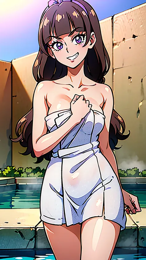 1 girl, (solo), ((amanogawaki)), best quality, highres, high quality, 8k, HD, super detail, anatomically correct, UHD, accurate, (masterpiece:1.2), (high quality:1.0), (ultra detailed), (Adult), (hot spring background), (naked towel), (White Towel), Lookin...