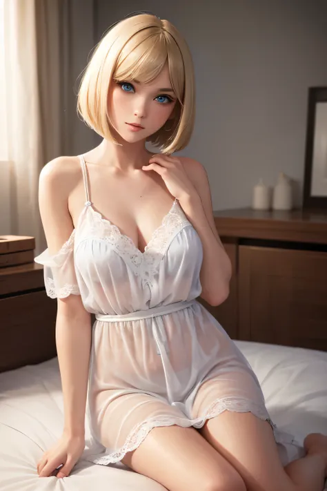 Woman, Blonde, Bob cut, Blue Eyes, White Sheer Nightgown, (Hand on Chest), Sitting on Bed, Blushing