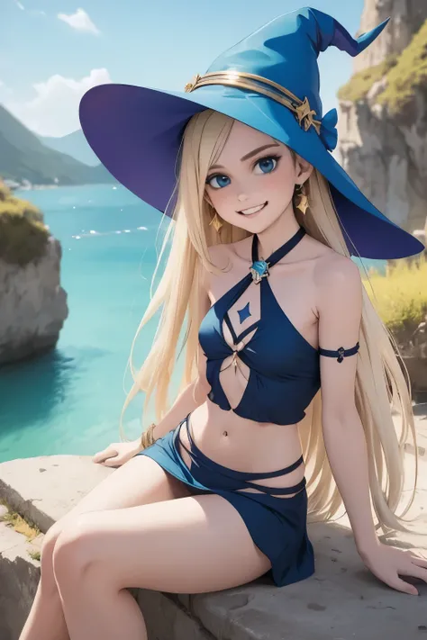 dark magician girl, masterpiece, best quality, (1girl), solo, (water), long hair, blonde hair, blue headwear, wizard hat, spell casting, castle, castle:2, motion blur, book, magic, (moonlight:1.2), chromatic aberration, depth of field, soft lighting, highl...