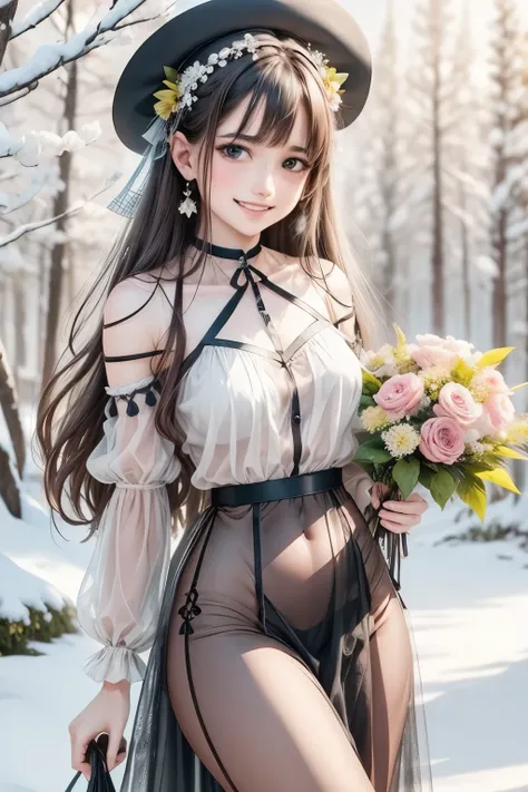 cg, 8k wallpaper, beautiful face, delicate eyes, a maiden, solo, smile, bangs, skirt, shirt, hat, dress, bow, petals, bouquet , ...