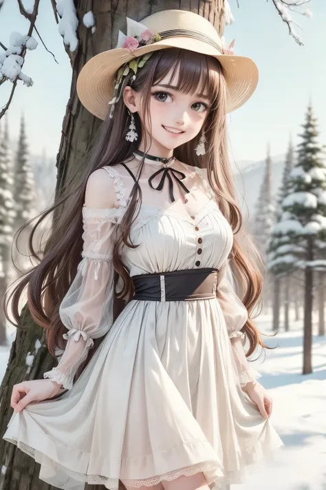  CG, 8K wallpaper, beautiful face, delicate eyes, a maiden, solo, smile, bangs, skirt, shirt, hat, dress, bow, petals, bouquet , maple trees, everywhere mistletoe, gorgeous, maple and spruce trees, cherry, cherry tree, smile, view from front, wolf ears, sn...