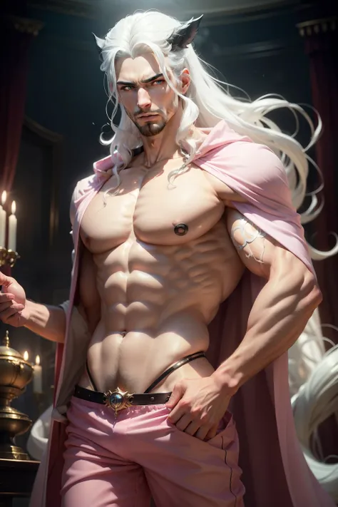 (8k,shipmentsrrealista　shipments　Maximum quality;1.4) (1 Italian boy) Super handsome king of the underworld　(lifelike face) 　(long hair, snow white platinum hair)　slenderbody　Muscular and macho　Pink aristocratic suit with big blue eyes　white decoration　Fan...