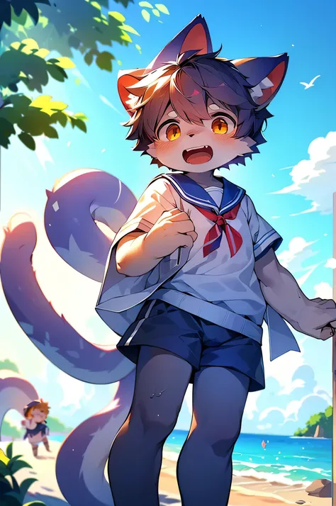 furのような,super high quality,Very detailed,High resolution,Purple Cat,male,Ocean,Sailor suit,School,(Cheerful Teenager 1、13 years old:1.3),Pixiv Contest Winners, Perfect Anatomy,blue sky,Red ear,fur,thin tail,Long ears,Squid ears,Dirty Face,Ahegao eyes