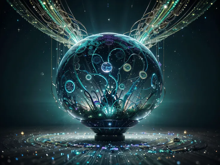 A whimsically futuristic quantum communication device, intricately composed of swirling metallic tendrils and glowing gem-like orbs, is depicted in a captivating acrylic painting. The image evokes a sense of technological marvel and otherworldly beauty. Th...