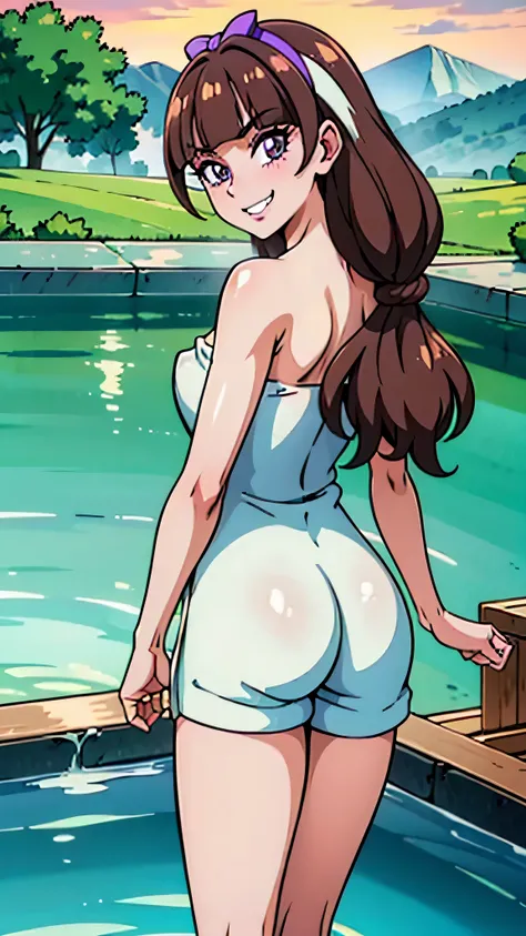 1 girl, (solo), ((amanogawaki)), best quality, highres, high quality, 8k, HD, super detail, anatomically correct, UHD, accurate, (masterpiece:1.2), (high quality:1.0), (ultra detailed), (Adult), (hot spring background), (naked towel), (White Towel), Lookin...