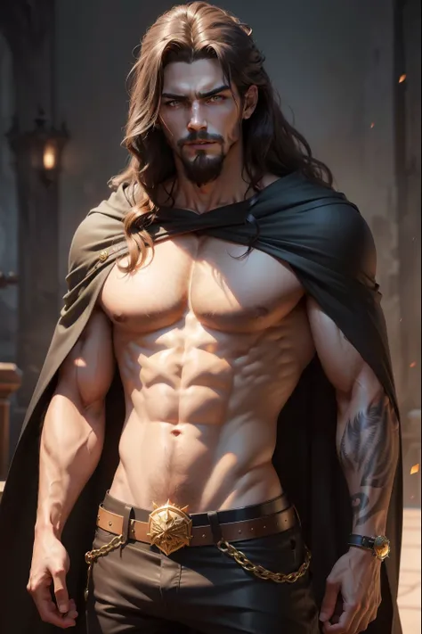 (8k,shipmentsrrealista　shipments　Maximum quality;1.4) (1 young boy) Super cute hairy torso of the king of the underworld　(realistic face and goatee) 　(Long hair Summer hair )　slenderbody　Muscular and macho　Summer aristocratic costume with big yellow　Decora...