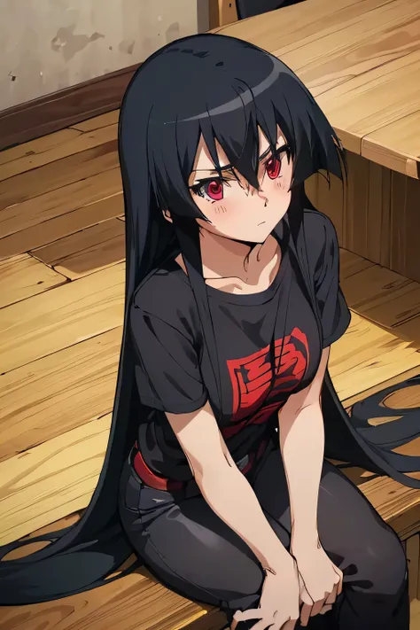 ((Master piece , best quality )),perfect face ,perfect eyes, beautiful red eyes, black hair,(( very long hair )),between eyes hair , blushing, looks serious, full body,sexy pose, ((1girl,solo)),Akame, ((T-shirt,black T-shirt ,black jeans short )),sitting ...