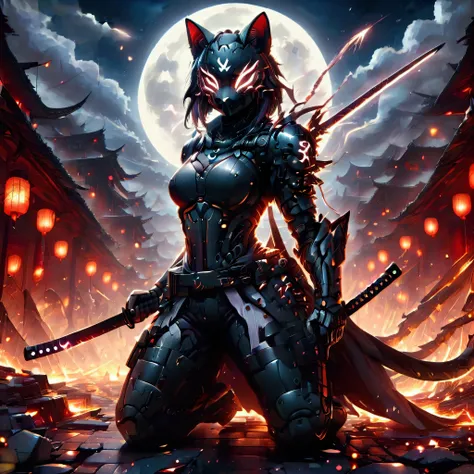 Create an epic war scene featuring a black cat with white eyes. The cat is wearing a gleaming metal armor and is mounted on a majestic dragon. The surrounding environment should be chaotic, with fireworks and explosions in the background, showcasing the in...